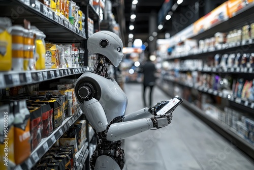 Wallpaper Mural A humanoid robot working in a retail store, adapting from stocking shelves to assisting customers and managing checkout, efficiently handling various tasks during peak shopping hours in a sleek, moder Torontodigital.ca