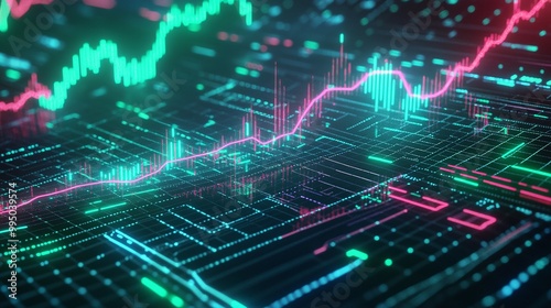 Futuristic data visualization with bright graphs and chart patterns on a dark background.