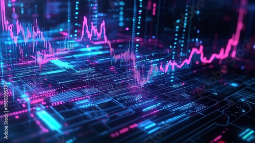 Futuristic data visualization with bright pink and blue neon lines representing digital graphs and analytics.