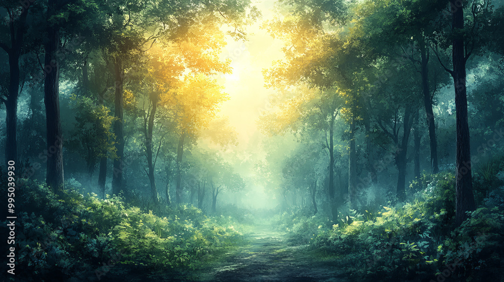 Obraz premium Artistic conception of beautiful landscape painting of nature of forest, background illustration, tender and dreamy design. 