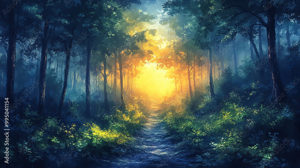 Obraz premium Artistic conception of beautiful landscape painting of nature of forest, background illustration, tender and dreamy design. 