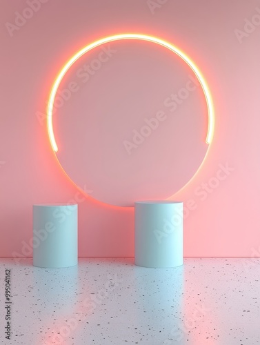 Futuristic Minimalist Interior with Neon Lights, featuring two white cylindrical platforms, a pink wall and a glowing neon circle, perfect for showcasing products or creating a modern aesthetic.