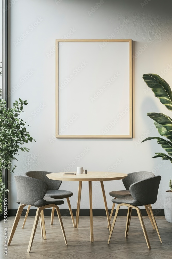 A minimal wood picture frame mockup on a white wall in a modern meeting room. 3d render, 3d illustration.generative ai A minimal wood picture frame mockup on a white wall in a modern meeting room. 3d render, 3d illustration.generative ai