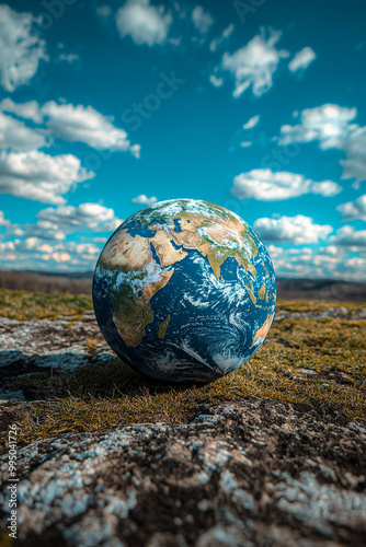 A small globe is sitting on a rocky surface