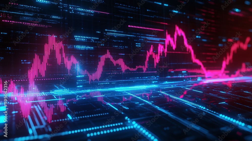 Fototapeta premium Futuristic data visualization with vibrant graphs and digital interface elements on a dark background.