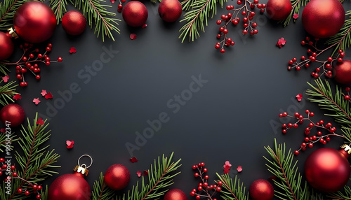 Festive Ornaments and Greenery Frame on Black Background