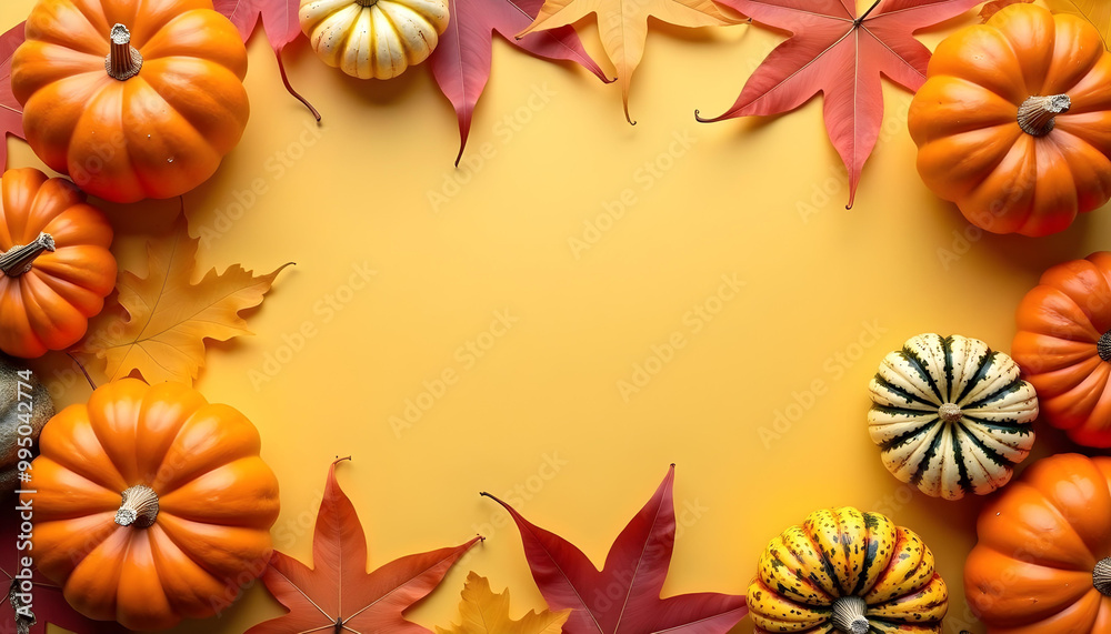 Autumnal Frame of Pumpkins and Leaves on a Yellow Background Autumnal Frame of Pumpkins and Leaves on a Yellow Background