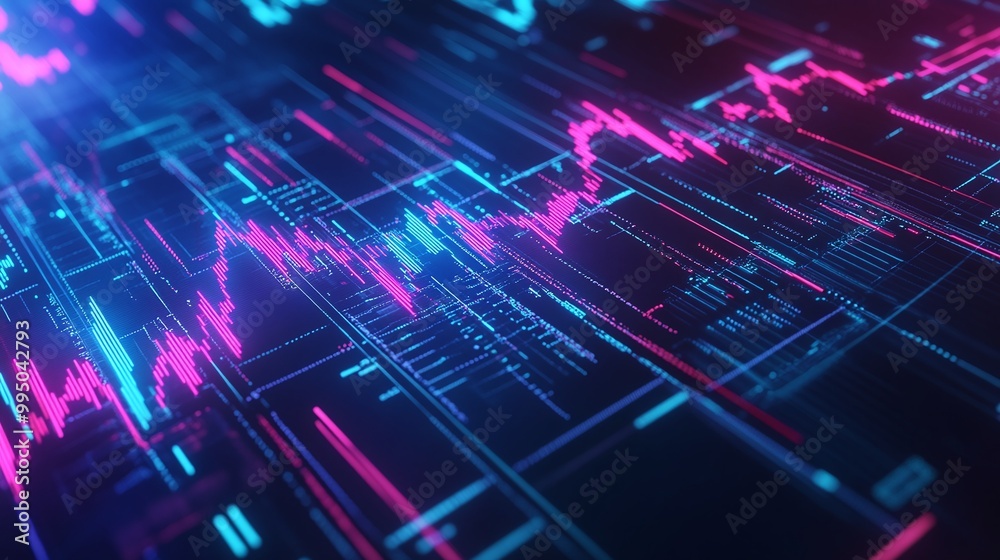 Futuristic data visualization with vibrant pink and blue lines representing analytics and trends. Futuristic data visualization with vibrant pink and blue lines representing analytics and trends.