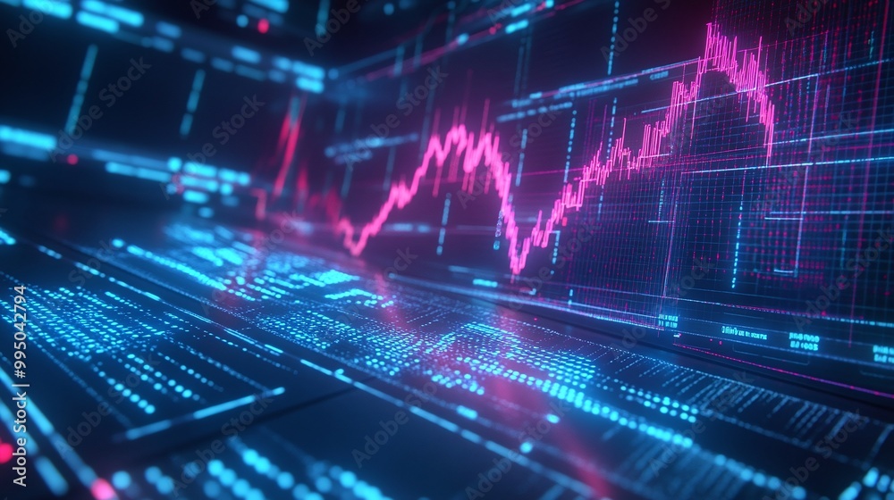 Futuristic digital chart displaying financial data trends in vibrant neon colors against a dark background. Futuristic digital chart displaying financial data trends in vibrant neon colors against a dark background.