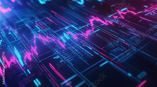 Futuristic data visualization with vibrant pink and blue lines representing analytics and trends.