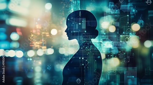 A conceptual stock photo featuring a human silhouette merged with circuit board patterns and technology symbols, emphasizing the symbiotic relationship between humans and AI. photo