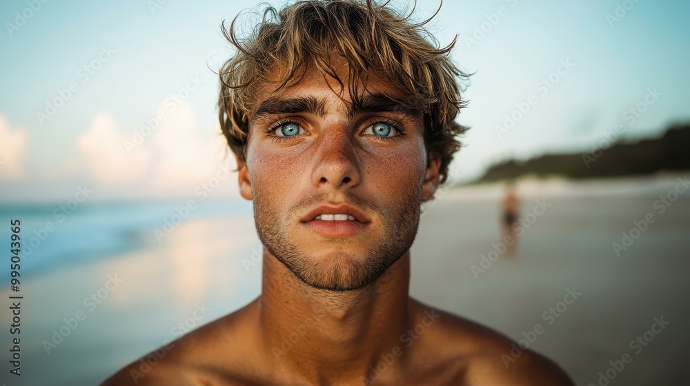 A man with light hair and blue eyes stands confidently on the beach, enjoying the sun and sea breeze.