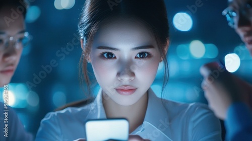 A focused Japanese girl in an office meeting glances at her phone while colleagues discuss animatedly around her. photo