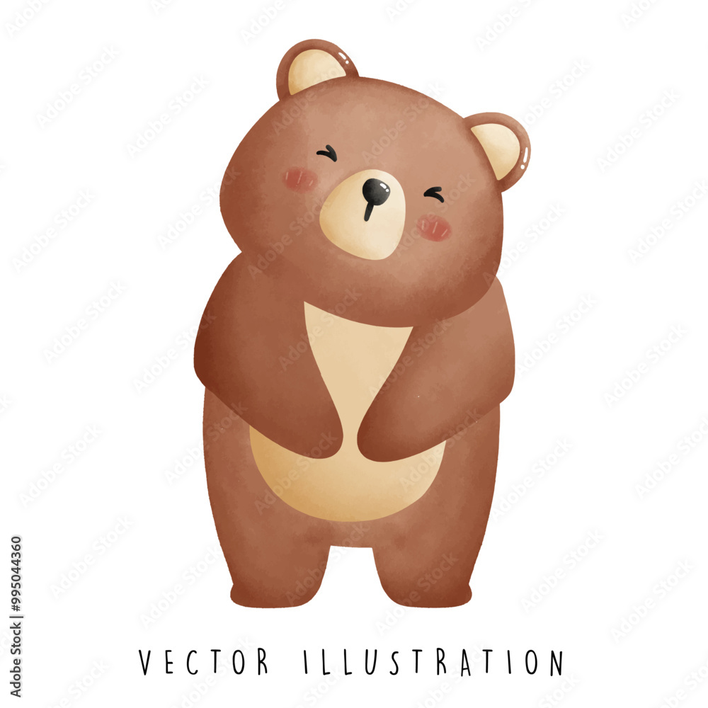 Naklejka premium Curious Bear Standing with Tilted Head - Adorable Water Color Design
