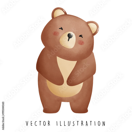 Curious Bear Standing with Tilted Head - Adorable Water Color Design