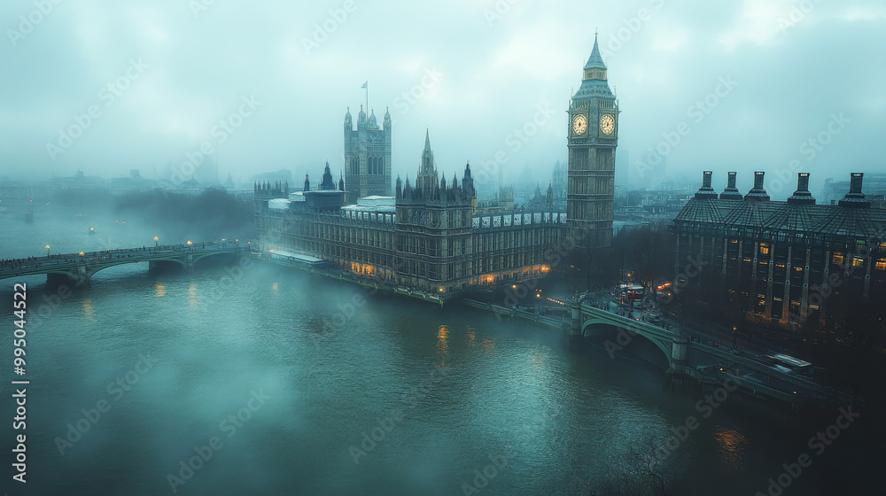 Obraz premium A foggy morning view of the Houses of Parliament in London.
