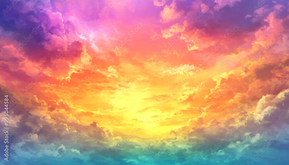 A dreamy sky transitioning from a golden sunset to a full spectrum of rainbow colors, giving off a vibrant yet calming feel A dreamy sky transitioning from a golden sunset to a full spectrum of rainbow colors, giving off a vibrant yet calming feel