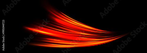 Glowing neon light trail element. Bright red orange speed line wave. Hot luminous curved swirl concept. Abstract bent dynamic motion stripes. Shiny fire streaks for poster, banner, flyer. Vector