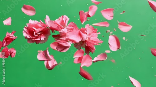 Pink flowers and petals floating in the air on a green screen background, perfect for compositing or adding a touch of elegance to any project