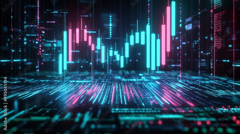 Futuristic digital financial chart with colorful data visualization on a dark background.