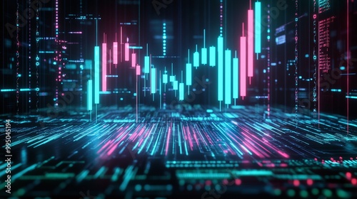 Futuristic digital financial chart with colorful data visualization on a dark background.