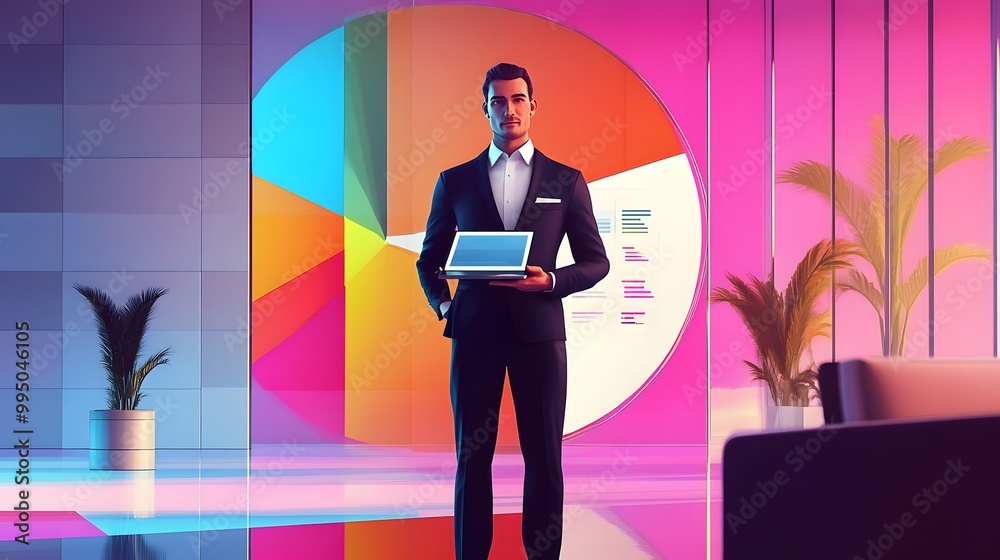 A man in a suit holding a tablet in front of a colorful wall A man in a suit holding a tablet in front of a colorful wall