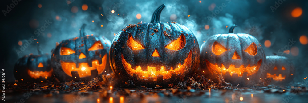 Fototapeta premium Spooky jack-o'-lanterns glowing in the dark.