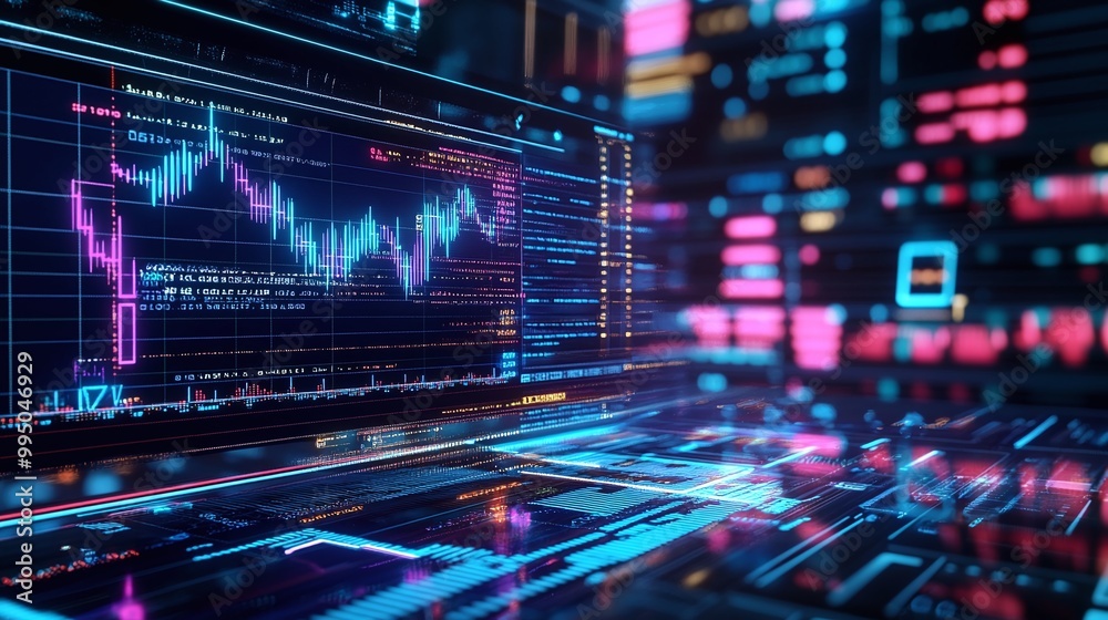 Futuristic digital interface with glowing graphs and data visualizations for advanced technology or finance concepts. Futuristic digital interface with glowing graphs and data visualizations for advanced technology or finance concepts.