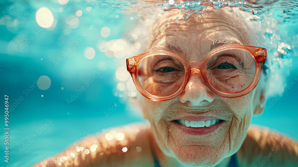 Naklejka premium A woman in a bathing suit is smiling and wearing orange glasses