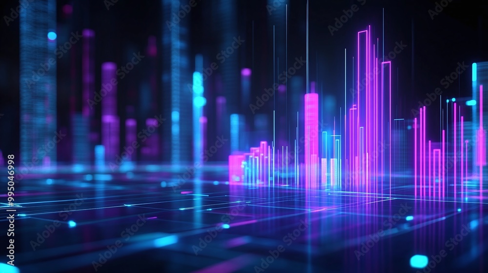 Futuristic digital landscape featuring glowing 3D bars and lines in vibrant blue and pink colors against a dark background.