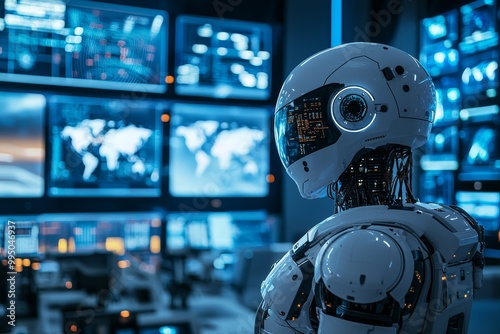 A humanoid robot in a military operations center, gathering and analyzing battlefield data from drones, satellites, and ground units, providing real-time tactical insights, with a command room filled 