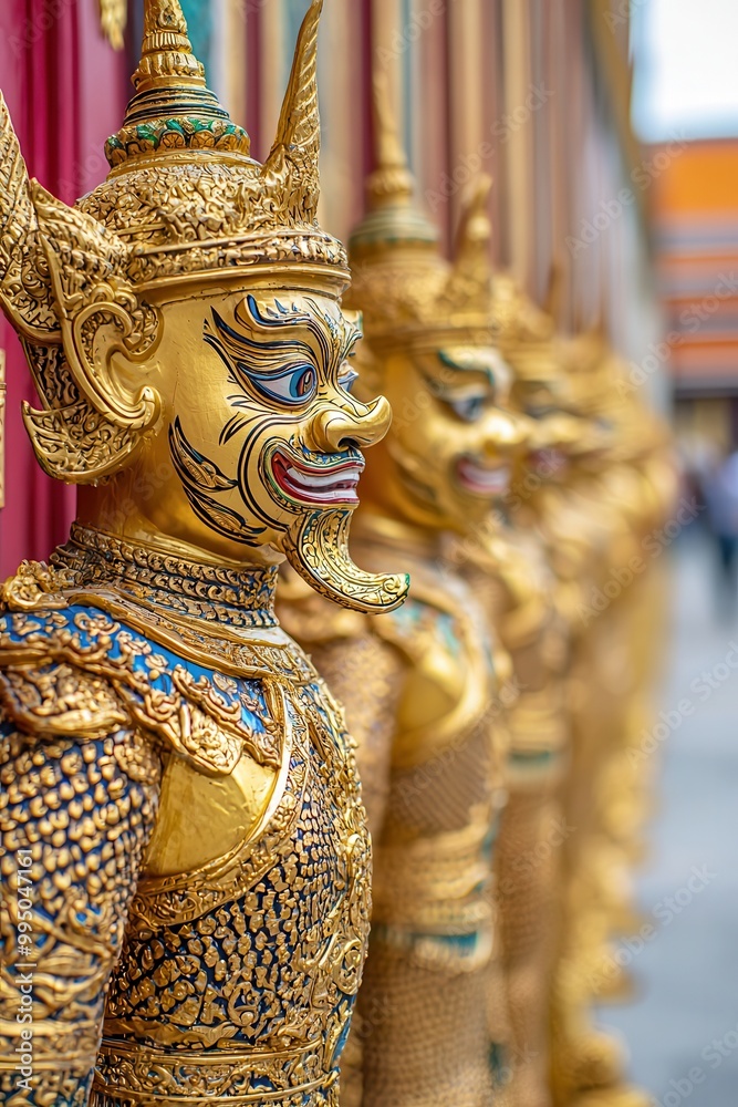 Golden statues line a vibrant temple wall, showcasing intricate designs and fierce expressions, symbolizing guardianship and cultural heritage. Golden statues line a vibrant temple wall, showcasing intricate designs and fierce expressions, symbolizing guardianship and cultural heritage.