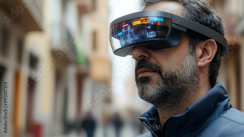 Man wearing virtual reality glasses in urban setting, exploring digital world.