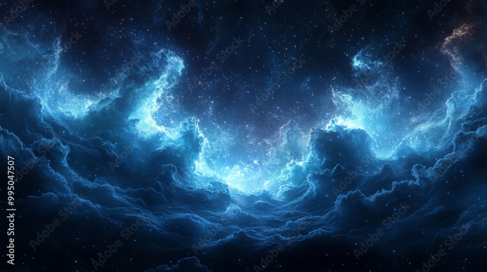 Fototapeta premium Glowing blue clouds in a star filled sky.