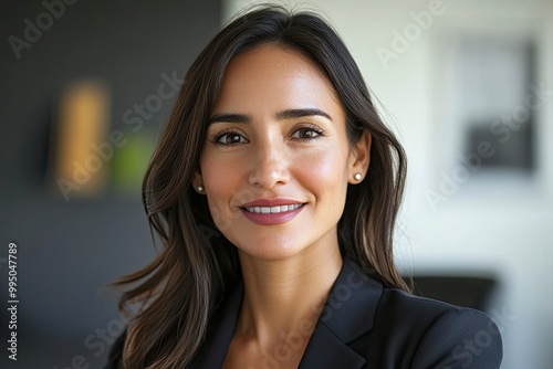 Closeup headshot face portrait of beautiful successful hispanic young business woman looking confident at camera. generative ai