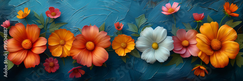 Vibrant Colorful Flowers on Textured Blue Background