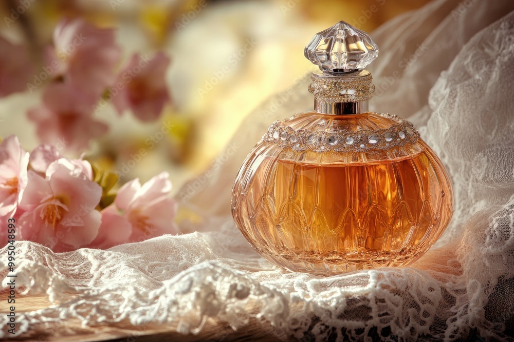 Ornate Glass Perfume Bottle on Lacy Fabric with Blurred Pink Flowers in the Background Ornate Glass Perfume Bottle on Lacy Fabric with Blurred Pink Flowers in the Background