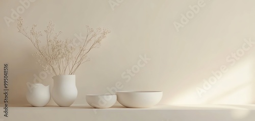 Minimalistic decor with white bowls and vases on a soft beige background.
