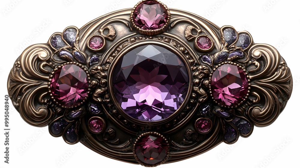 Ornate Brooch with Amethyst and Pink Gemstones Ornate Brooch with Amethyst and Pink Gemstones