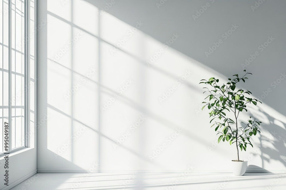 Minimalist Window with Tree Shadows on a White Wall