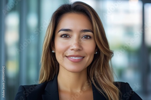 Closeup headshot face portrait of beautiful successful hispanic young business woman looking confident at camera. generative ai