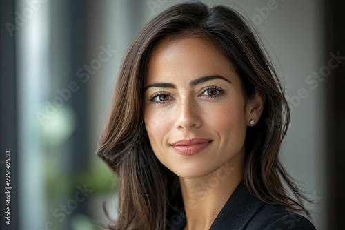 Closeup headshot face portrait of beautiful successful hispanic young business woman looking confident at camera. generative ai