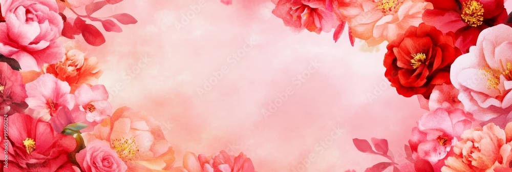 Obraz premium Soft, watercolor floral background with pink and red roses, perfect for romantic designs, wedding invitations, and love-themed projects.