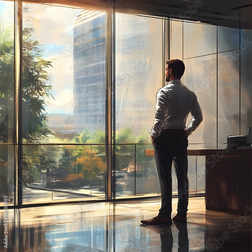 Businessman Contemplating Cityscape Through Window