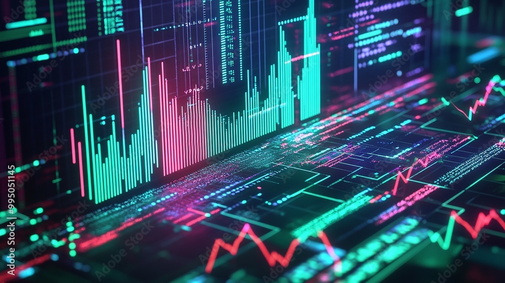 Vibrant digital stock market graphs, showcasing fluctuating data in vivid colors against a dark backdrop.