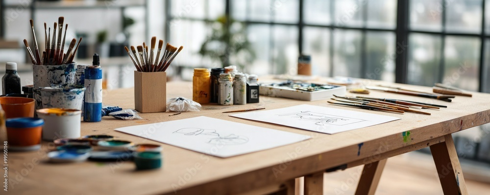 A bright, organized artist's workspace featuring brushes, paints, and sketches on a wooden table, surrounded by large windows. A bright, organized artist's workspace featuring brushes, paints, and sketches on a wooden table, surrounded by large windows.