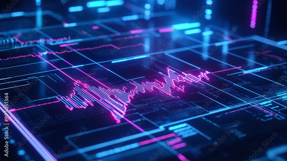 Vibrant digital waveform displayed on a futuristic screen with neon colors and intricate circuit patterns. Vibrant digital waveform displayed on a futuristic screen with neon colors and intricate circuit patterns.