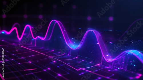 Vibrant digital wave representation in neon colors, showcasing sound frequencies and data visualization.