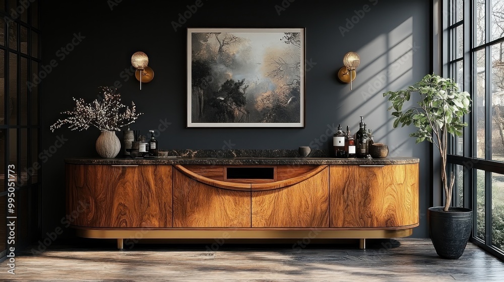 Elegant wooden sideboard with art in a stylish interior setting. Elegant wooden sideboard with art in a stylish interior setting.