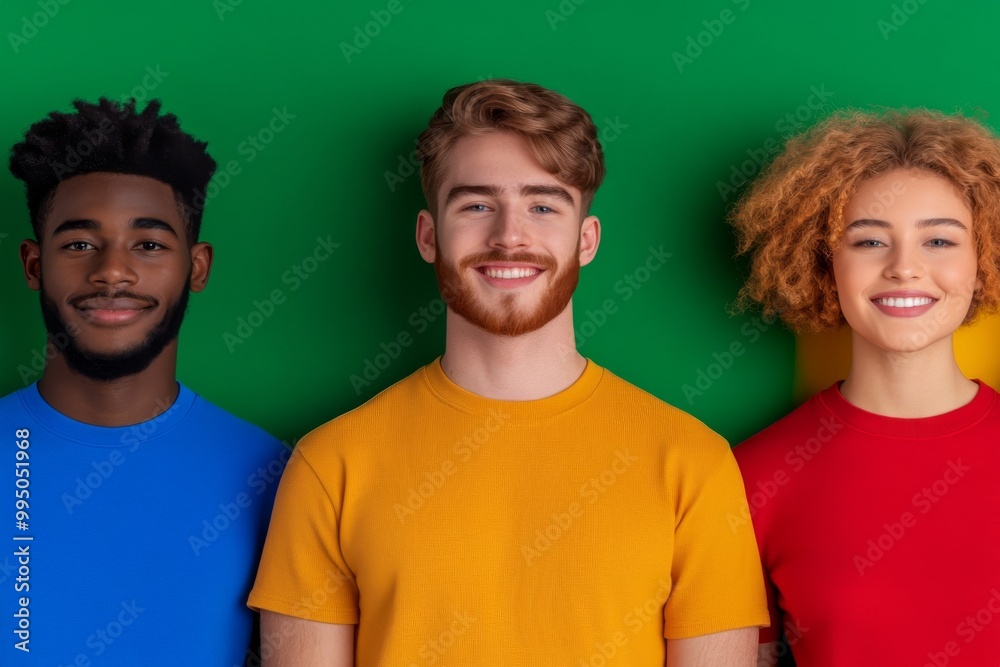 Three Diverse Individuals in Bright Colored T-Shirts Standing Against a Vibrant Green Background Representing Team Diversity and Unity Three Diverse Individuals in Bright Colored T-Shirts Standing Against a Vibrant Green Background Representing Team Diversity and Unity